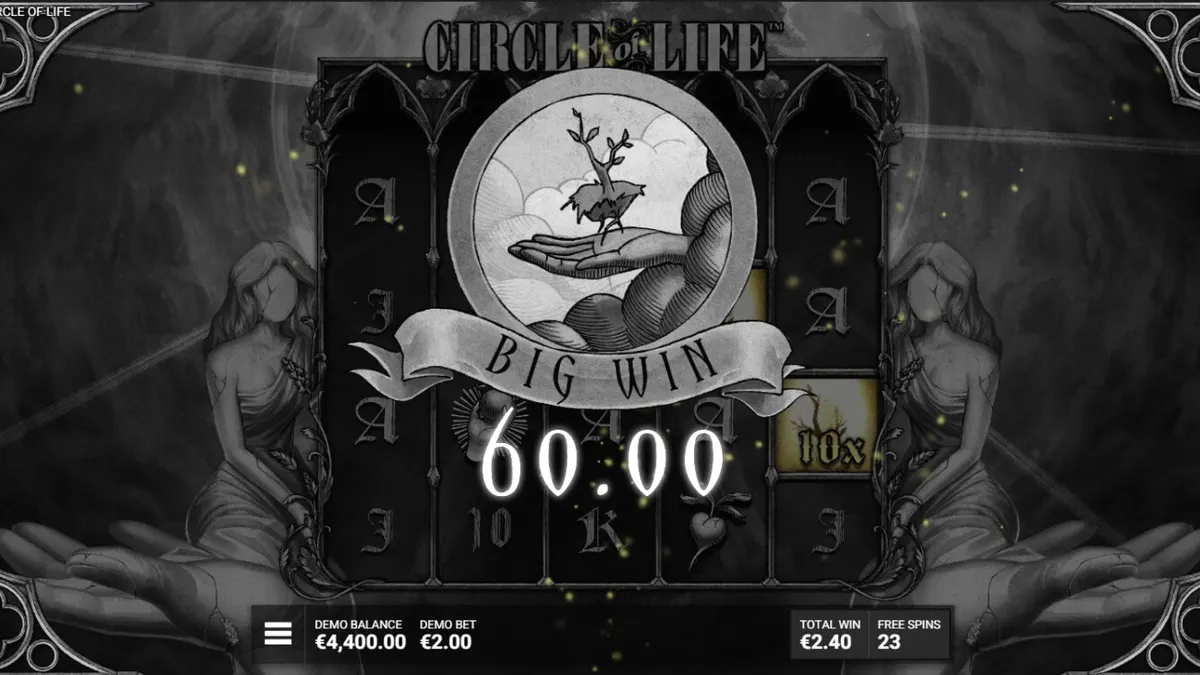 Tampilan visual slot Circle of Life dengan estetika monokrom dan pohon kehidupan yang bercahaya.
