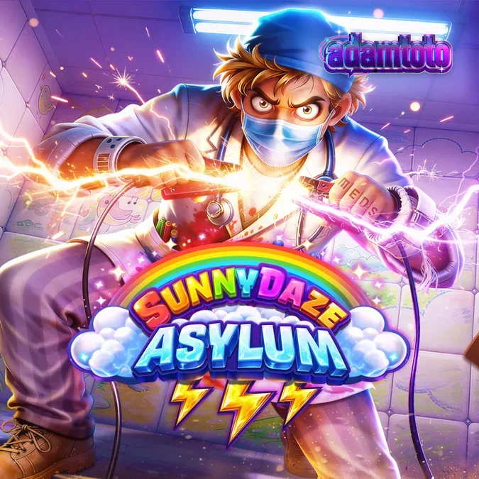 Tampilan visual slot Sunnydaze Asylum dengan estetika komik yang mencekam